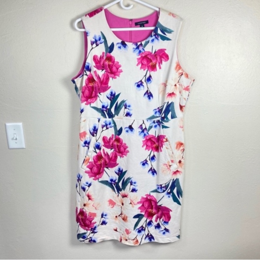 Lands' End Floral Ponte Knit Sleeveless Sheath Dress Pockets